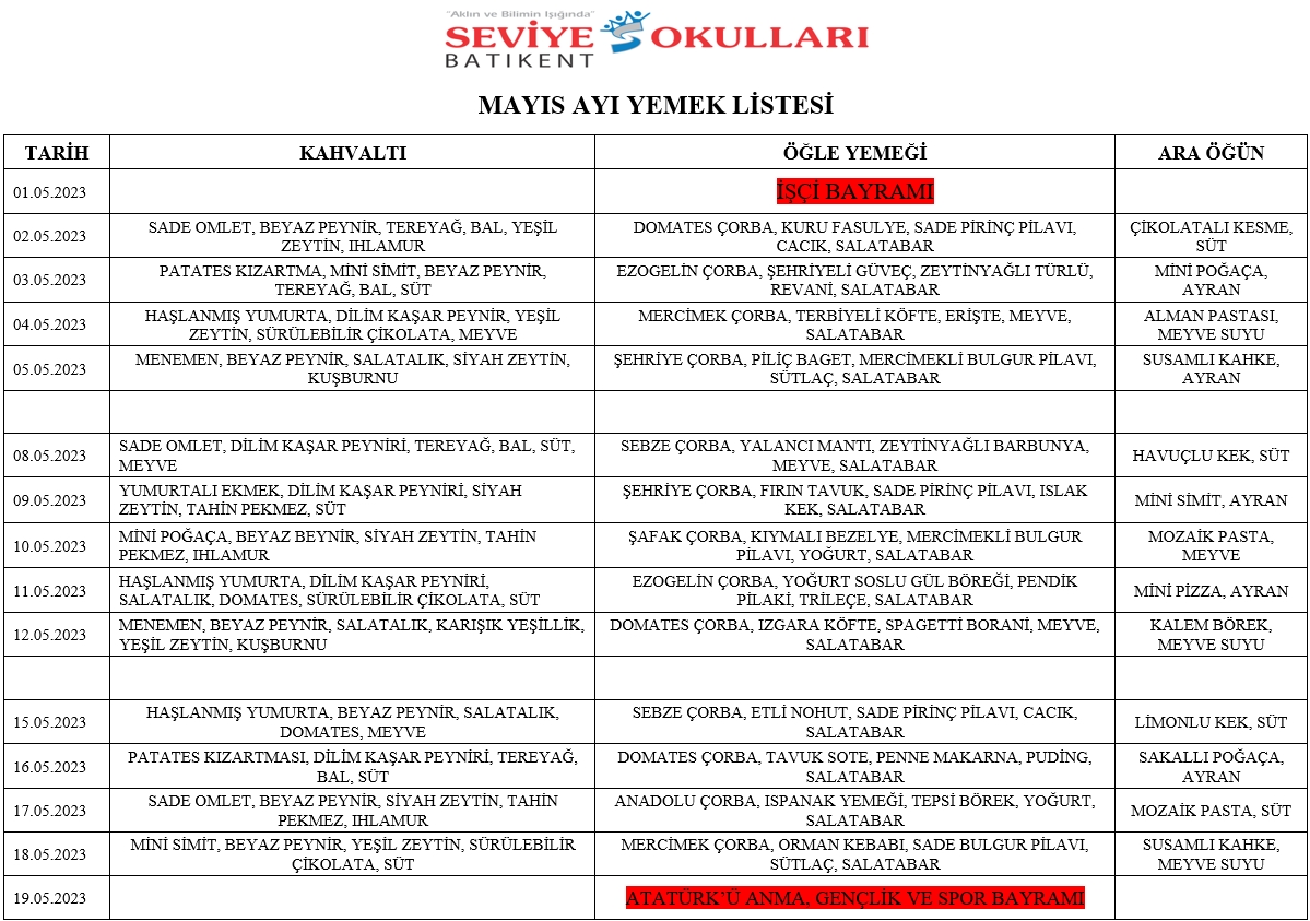 SEVİYE BATIKENT KOLEJİ 2020 ARALIK AYIN İLK YARI YEMEK LİSTESİ