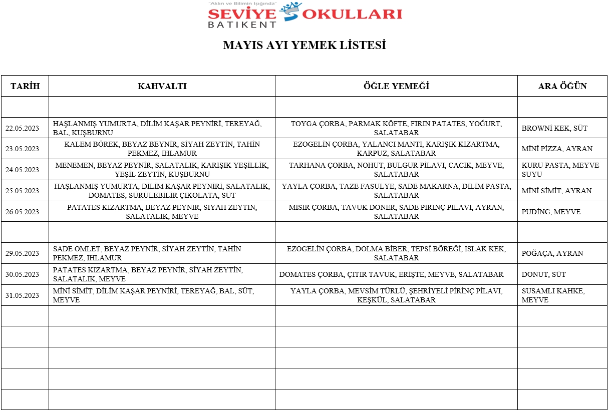 SEVİYE BATIKENT KOLEJİ 2020 ARALIK AYIN İLK YARI YEMEK LİSTESİ