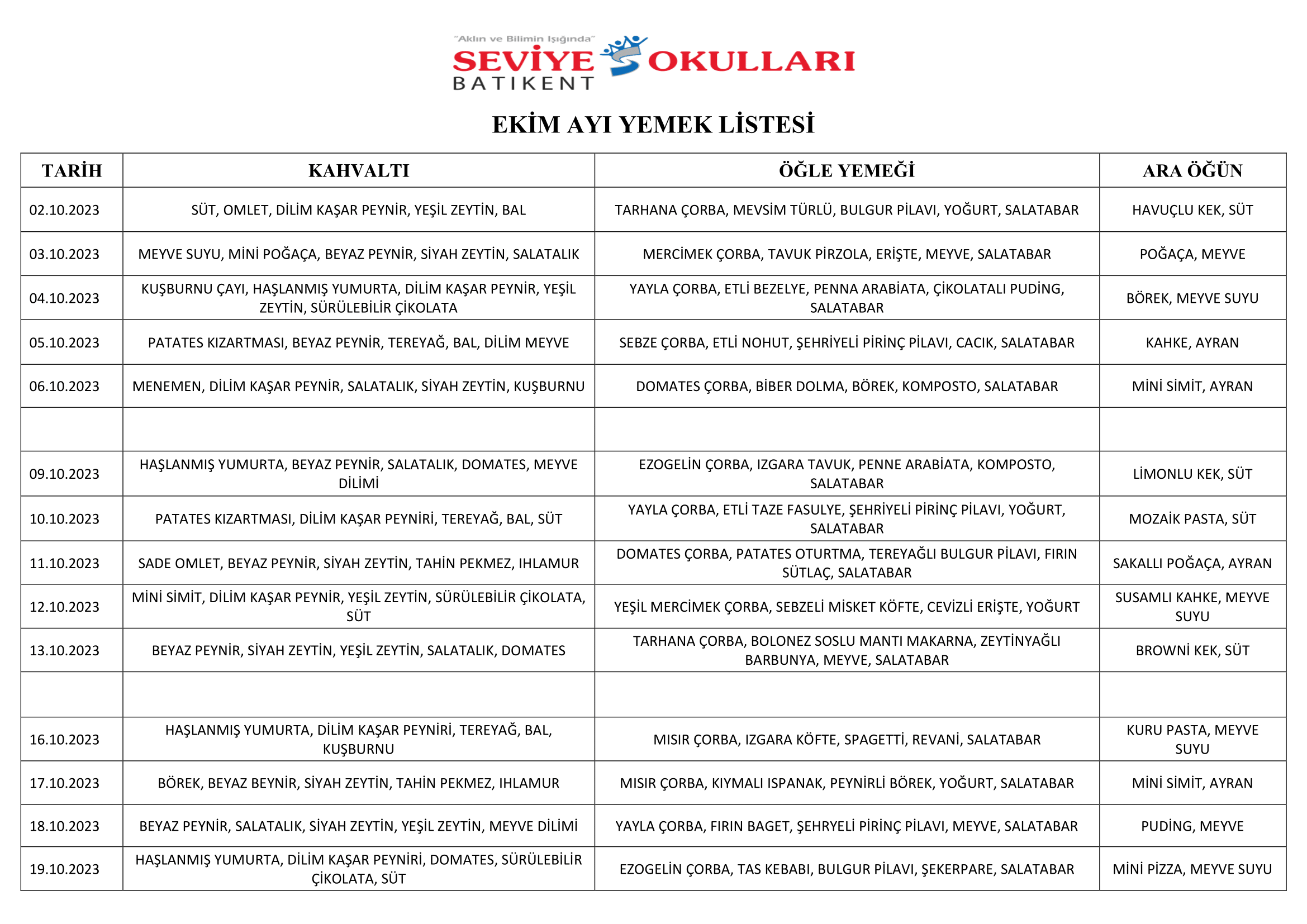 SEVİYE BATIKENT KOLEJİ 2020 ARALIK AYIN İLK YARI YEMEK LİSTESİ
